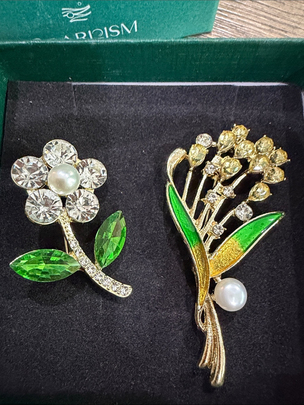 Gold-Tone Floral Brooch Freshwater Pearl Set with Green, White, Yellow CZ